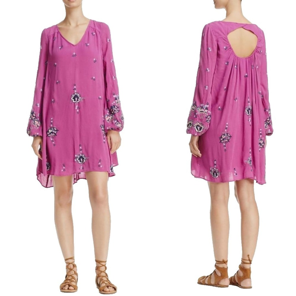 Free People‎ Embroidered Oxford Boho Swing Dress Womens S Mini Flare Whimsigoth